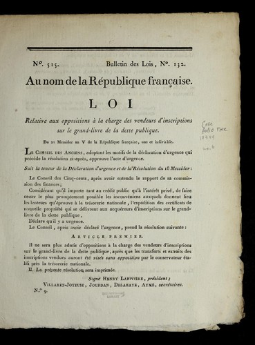 Loi relative aux oppositions a   la charge des vendeurs d'inscriptions sur le grand-livre de la dette publique by France cover