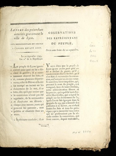 Lettre des pre tendues autorite s gouvernant la ville de Lyon. Aux repre sentans du peuple a l'arme e devant Lyon. Le 20 septembre 1793, l'an 2.o de la Re publique by Lyon (France) cover