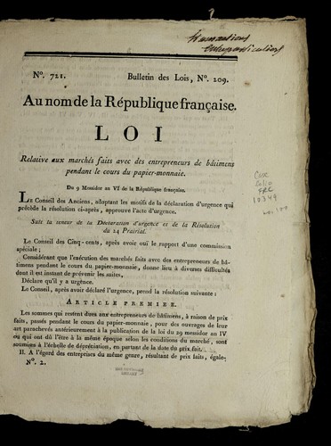 Loi relative aux marche s faits avec des entrepreneurs de ba timens pendant le cours du papier-monnaie