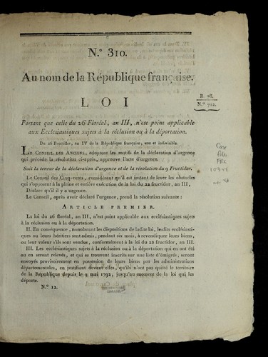 Loi portant que celle du 26 flore al, an III, n'est point applicable aux ecclesiastiques sujets a   la re clusion ou a   la de portation