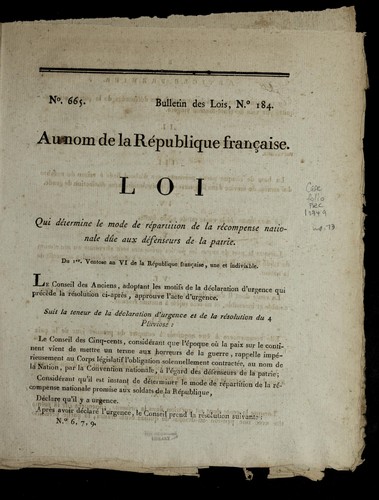 Loi qui de termine le mode de re partition de la re compense nationale du e aux de fenseurs de la patrie by France cover