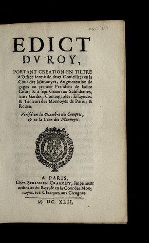 Edict dv Roy, portant creation en tiltre d'office forme  de deux conseillers en la Cour des monnoyes by France cover
