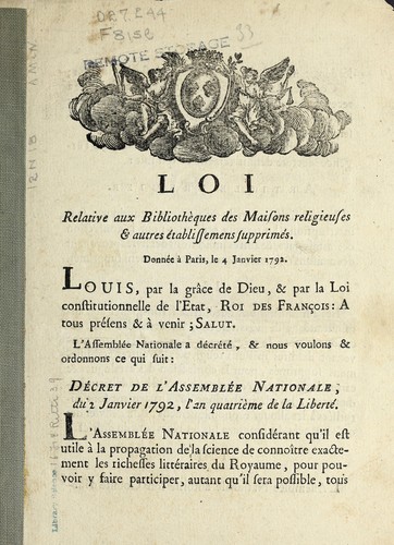 Loi relative aux bibliothe  ques des maisons religieuses & autres etablissemens supprime s by France cover