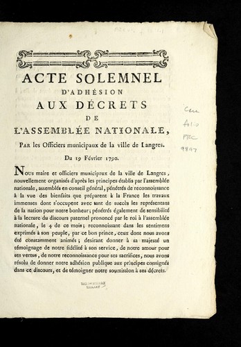 Acte solemnel d'adhe sion aux de crets de l'Assemble e nationale by Langres (France) cover