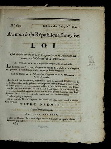 Loi qui e tablit un mode pour l'imposition et le paiement des de penses administratives et judiciaires by France cover