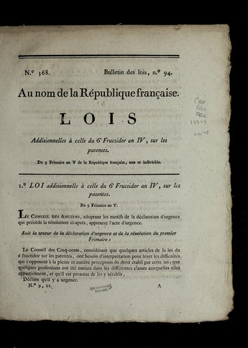 Lois additionnelles a   celle du 6 fructidor an IV, sur les patentes by France cover