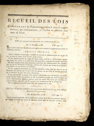 Recueil des lois concernant les transactions pendant le cours du papier-monnaie by France cover