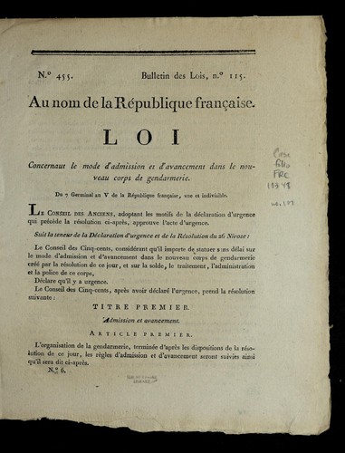Loi concernaut [i.e. concernant] le mode d'admission et d'avancement dans le nouveau corps de gendarmerie by France cover