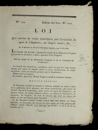 Loi qui autorise des visites domiciliaires pour l'arrestation des agens de l'Angleterre, des e migre s rentre s, &c by France cover