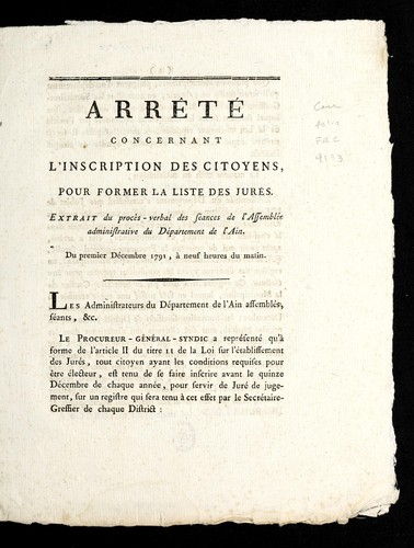 Arr^ete  concernant l'inscription des citoyens, pour former la liste des jure s by Ain (France) cover