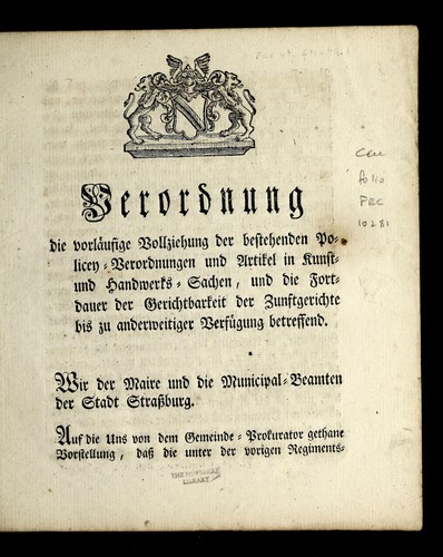 Verordnung die vorla ufige Vollziehung der bestehenden Policey- Verordnungen und Artikel in Kunst- und Handwerks-Sachen