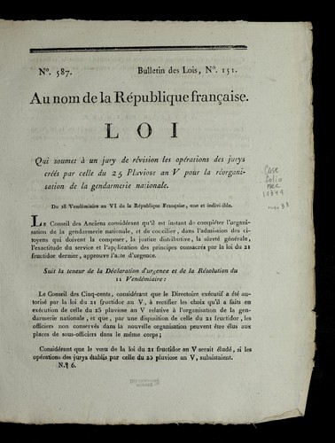 Loi qui soumet a   un jury de re vision les ope rations des jurys cre e s par celle du 25 pluviose an V pour la re organisation de la Gendarmerie nationale by France cover