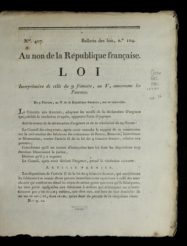 Loi interpre tative de celle du 9 frimaire, an V, concernant les patentes by France cover