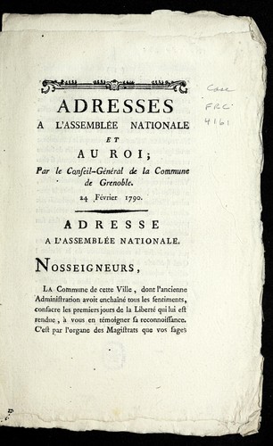 Adresses a l'Assemble e nationale et au roi by Grenoble (France) cover