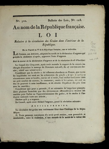 Loi relative a   la circulation des grains dans l'inte rieur de la Re publique by France cover