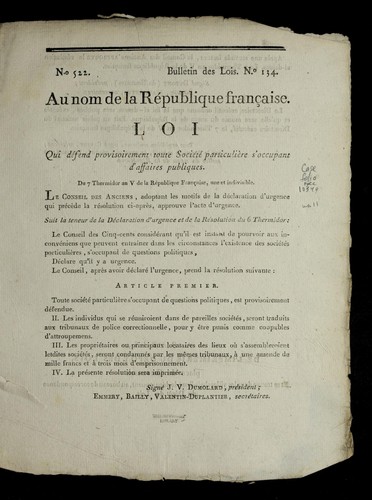 Loi qui de fend provisoirement toute socie te  particulie  re s'occupant d'affaires publiques by France cover