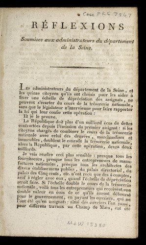 Re flexions soumises aux administrateurs du de partement de la Seine by Seine (France) cover