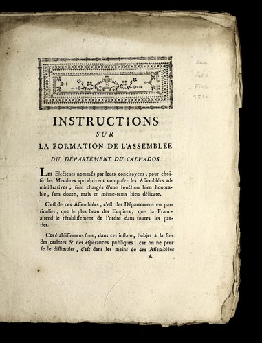 Instructions sur la formation de l'assemble e du de partement du Calvados by Calvados (France) cover