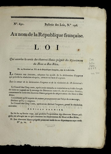 Loi qui autorise la sortie des chanvres blancs peigne s des de partemens du Haut et Bas Rhin by France cover
