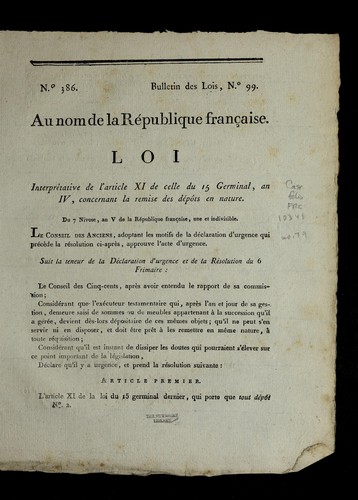Loi interpre tative de l'article XI de celle du 15 germinal, an IV, concernant la remise des de po ts en nature by France cover