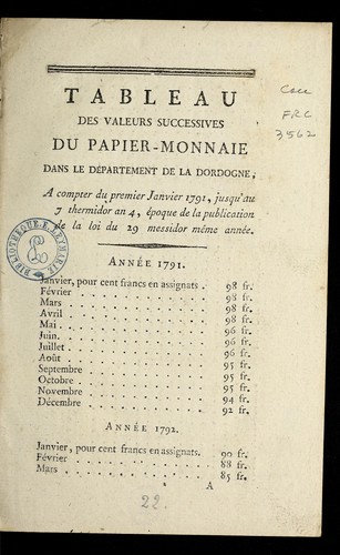 Tableau des valeurs successives du papier-monnaie dans le de partement de la Dordogne