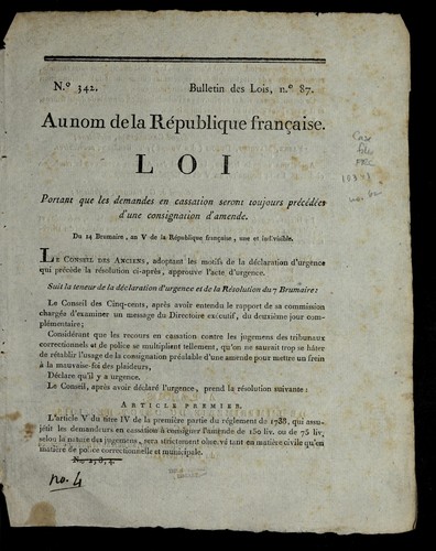 Loi portant que les demandes en cassation seront toujours pre ce de es d'une consignation d'amende