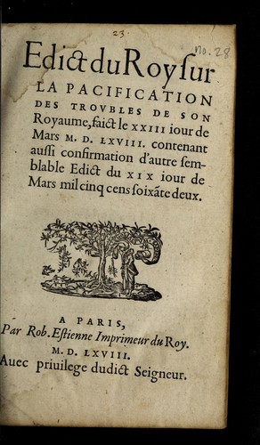 Edict du Roy sur la pacification des troubles de son royaume by France cover