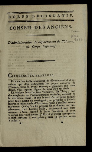 L'administration du de partement de l'Yonne au Corps le gislatif by Yonne (France) cover