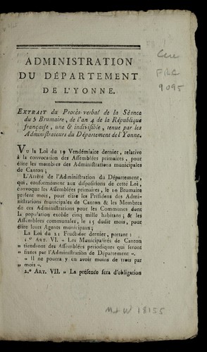 ... Extrait du proc`es-verbal de la se ance du 5 brumaire, de l'an 4 de la Re publique franc ʹaise, une & indivisible [27 octobre 1795] by Yonne (France) cover