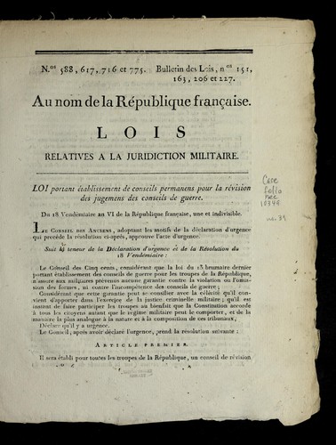 Lois relatives a la juridiction militaire by France cover