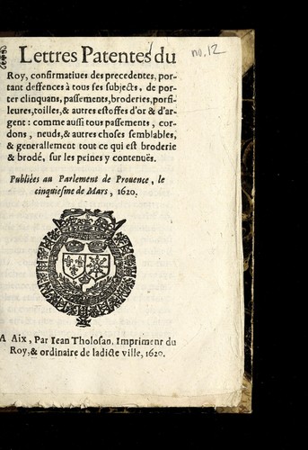 Lettres patentes du roy, confirmatiues des precedentes by France cover