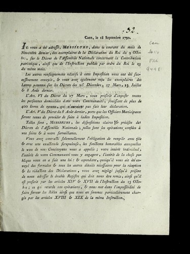 ... Il vous a e te  adresse , messieurs, dans le courant du mois de novembre dernier, des exemplaires de la de claration du roi du 9 octobre, sur le de cret de l'Assemble e nationale concernant la contribution patriotique... by Caen (France) cover