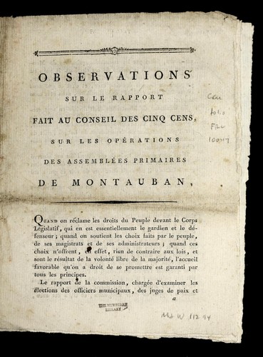 Observations sur le rapport fait au Conseil des cinq cents by Montauban (France) cover