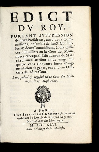 Edict dv Roy, portant svppression de deux presidents, auec deux commissions by France cover