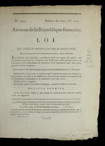 Loi qui re tablit la contrainte par corps en matie  re civile by France cover