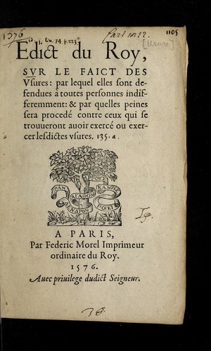Edict du Roy, svr le faict des vsures by France cover