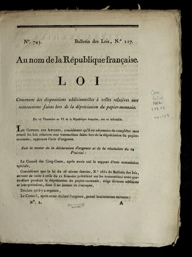 Loi contenant des dispositions additionnelles a   celles relatives aux transactions faites lors de la de pre ciation du papier-monnaie by France cover