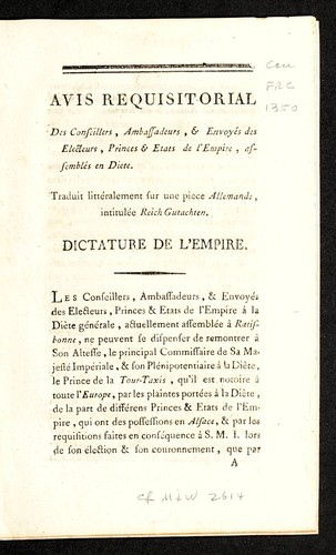 Avis requisitorial des conseillers, ambassadeurs, & envoye s des electeurs, princes & etats de l'Empire, assemble s en diete by Alsace (France) cover