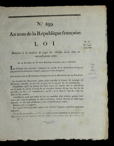 Loi relative a   la manie  re de juger les rebelles saisis dans un rassemblement arme by France cover