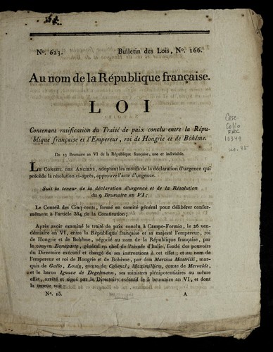 Loi contenant ratification du traite  de paix conclu entre la Re publique franc ʹaise et l'empereur, roi de Hongrie et de Bohe me by France cover