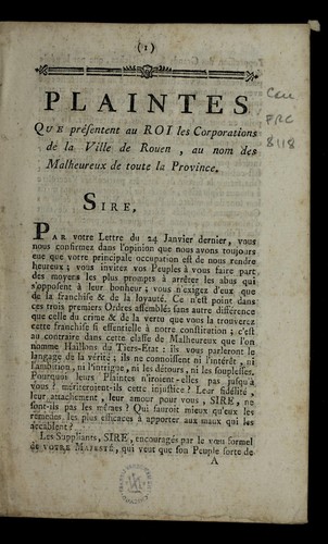 Plaintes que pre sentent au roi by Rouen (France) cover