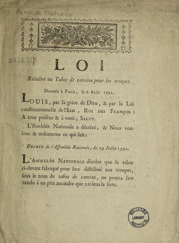 Loi relative au tabac de cantine pour les troupes, donnée à Paris, le 6 août 1791 by France cover