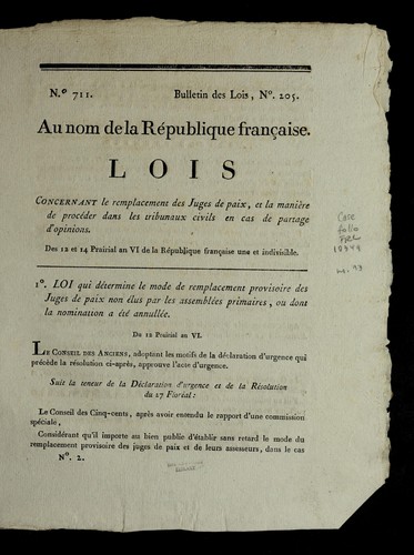 Lois concernant le remplacement des juges de paix, et la manie  re de proceder dans les tribunaux civils en cas de partage d'opinions