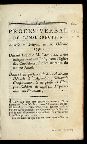 Proce  s-verbal de l'insurrection arrive e a   Avignon le 16 octobre 1791 by Avignon (France) cover