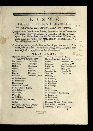 Liste des citoyens e ligibles de la ville et fauxbourgs de Tours, qui payent la contribution directe, de termine e par les de crets de l'Assemble e nationale, des 14 de cembre 1789 & 15 janvier 1790 by Tours (France) cover
