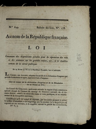 Loi contenant des dispositions pe nales pour la re pression des vols et des attentats sur les grandes routes, etc., et le re tablissement de la su rete  publique by France cover