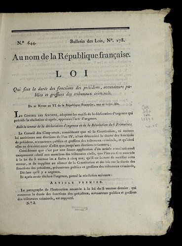 Loi qui fixe la dure e des fonctions des pre sidens, accusateurs publics et greffiers des tribunaux criminels by France cover