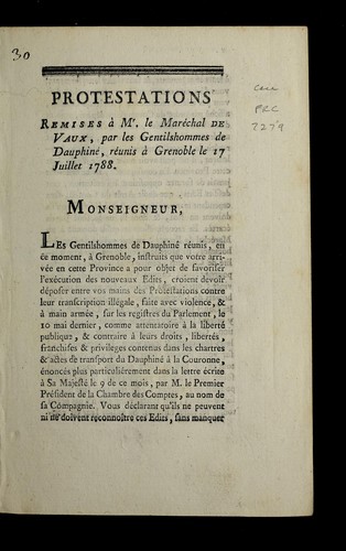 Protestations remises a   M. le Mare chal de Vaux by Dauphine  (France) cover