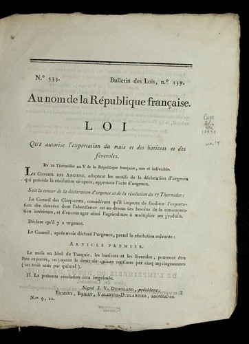 Loi qui autorise l'exportation du mai s et des haricots et des fe veroles by France cover