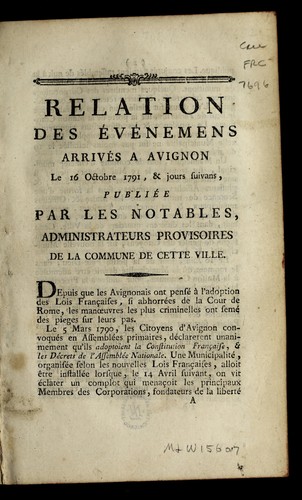 Relation des e ve nemens arrive s a Avignon by Avignon (France) cover